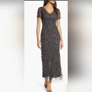 PISARRO NIGHTS 14 Beaded Mesh Column Gown Slate NWT